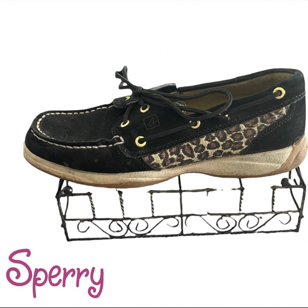 Sperry top sider black  and gold Cheetah print boat suede loafers